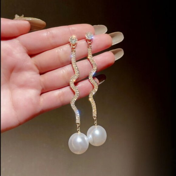 LARGE! 925 Silver Crystal Gold Pearl Stud Earrings - Picture 4 of 9